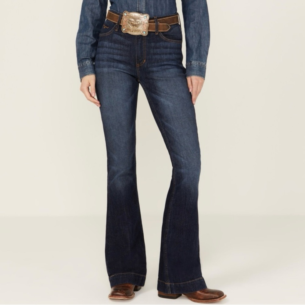 KIMES RANCH WOMEN'S DARK WASH JENNIFER HIGH RISE WIDE FLARE JEANS
